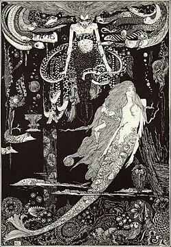 Grabado clásico de Harry Clarke representando el encuentro con la bruja del mar.