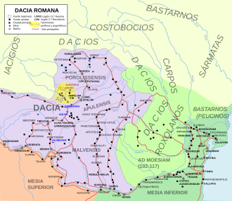 Mapa histórico de las provincias romanas de Mesia y Dacia.