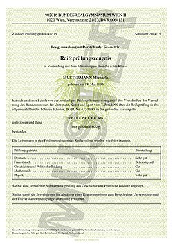 Ejemplar del certificado de la Matura austríaca