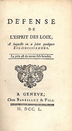 Portada de La defensa de El espíritu de las leyes
