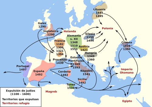 Mapa histórico de las expulsiones de comunidades judías en Europa entre 1100 y 1600