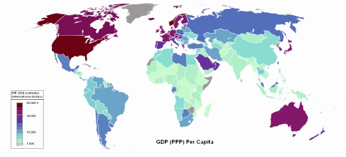 Mapa mundial que muestra el PIB per cápita por países