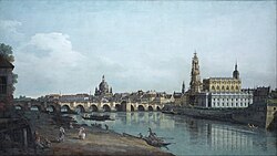 El Elba cerca de Dresde, vista del horizonte de la ciudad desde el muelle de Neustadt, obra de Bernardo Bellotto, llamado Canaletto (1748)