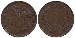 Moneda de 1 centavo de dólar de Honduras Británica de 1889 con el rostro de la reina Victoria