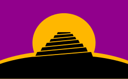 Bandera conlang que representa la torre de Babel frente a un sol naciente