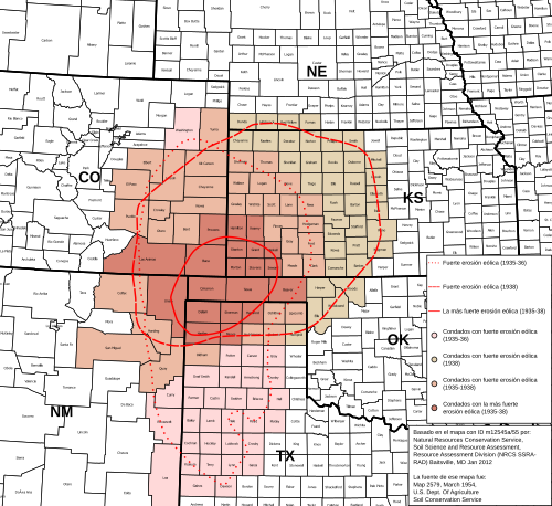 Mapa de estados y condados afectados por el Dust Bowl entre 1935 y 1938