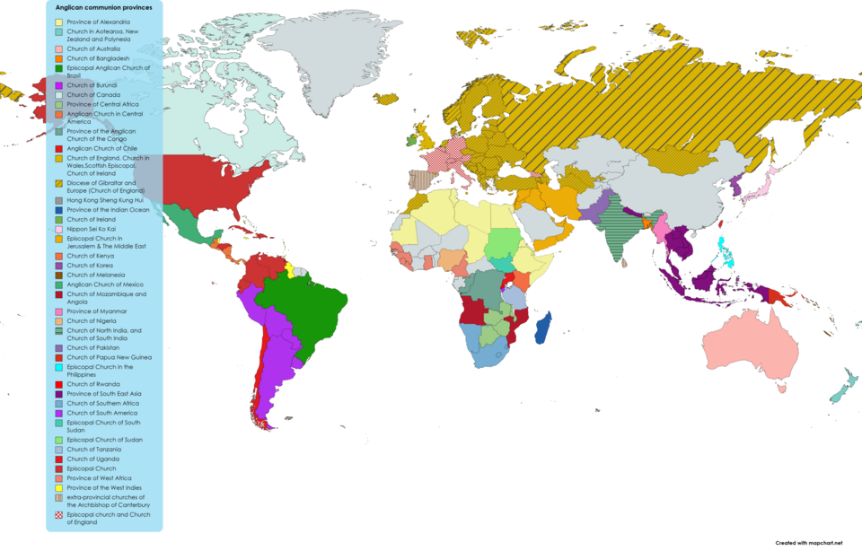 Mapa de las provincias de la Comunión anglicana