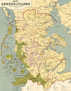 Mapa histórico que muestra el sur de Jutlandia en 1913