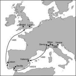 Mapa esquemático de los desplazamientos europeos de Caboto