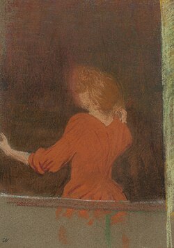 Mujer de rojo, de espaldas en la ventana