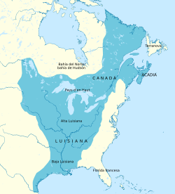 Mapa de Nueva Francia en su mayor extensión en 1710