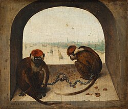 Pintura Dos monos de Pieter Bruegel el Viejo mostrando a dos primates encadenados bajo un arco con vistas de Amberes al fondo