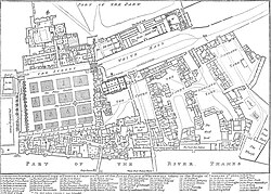 Mapa histórico de Whitehall en 1680 que muestra el Palacio de Whitehall y la zona de Scotland Yard.