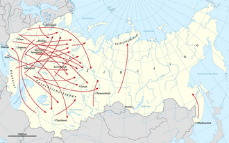 Rutas generales de deportación durante la deskulakización en la Unión Soviética entre 1930 y 1931.