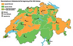 Mapa de distribución de las confesiones religiosas en Suiza a principios del siglo XIX