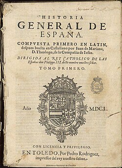 Portada histórica de la Historia general de España de Juan de Mariana, editada en 1601.