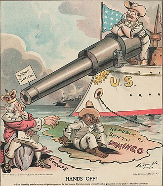 Caricatura política que representa a Theodore Roosevelt usando la doctrina Monroe para intermediar por la República Dominicana ante las potencias europeas.