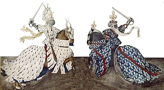 Ilustración histórica de caballeros participando en un torneo medieval