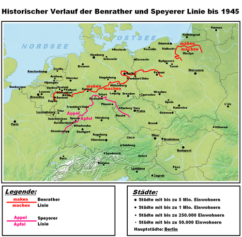 Mapa detallado que muestra las principales isoglosas de los dialectos alemanes