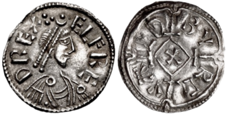 Representación de Alfredo el Grande y monedas históricas