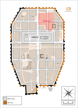 Representación de la muralla y elementos defensivos de Barcino