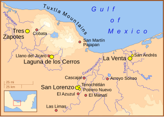 Mapa de las principales ciudades olmecas.