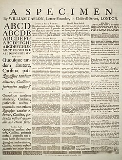Hoja de muestra de tipos de letra y lenguajes por William Caslon I