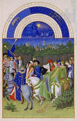 Página del calendario correspondiente al mes de mayo en Las muy ricas horas del Duque de Berry
