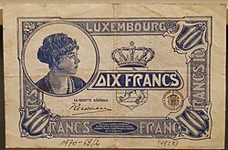 Billete antiguo de 10 francos emitido en 1924