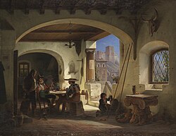 Picadores en una taberna andaluza al pie de la Alhambra de Granada en un óleo de Wilhelm Gail de 1842