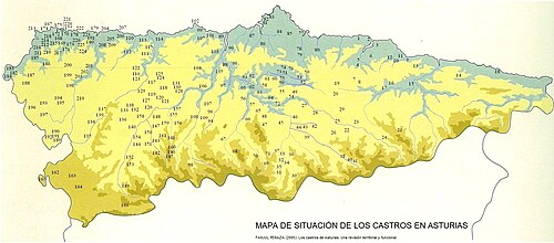 Mapa de la situación de los castros de la Edad de Hierro en Asturias.