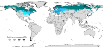 Mapa de distribución del clima continental húmedo en el mundo