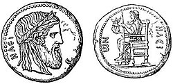 Dibujo de moneda antigua de Élide con la silueta de Zeus Olímpico