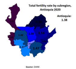Gráfico estadístico de fertilidad en las subregiones de Antioquia.