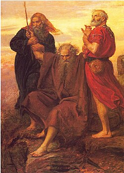 Ilustración de Moisés en el centro junto a Aarón y Hur durante un acontecimiento bíblico.