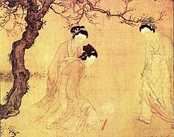 Pintura de mujeres jugando tsu chu, realizada por Du Jin de la dinastía Ming.