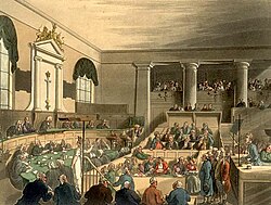 Grabado histórico de un juicio en el Old Bailey en 1808