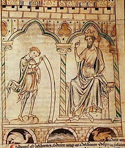 Ilustración medieval que muestra a Merlín leyendo sus profecías a Vortigern