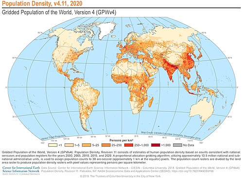Mapa de densidad de población humana mundial en 2020