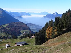 Vista panorámica del paisaje y construcciones tradicionales en el Cantón de Schwyz