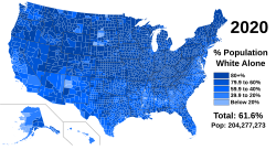 Mapa de distribución de la población blanca en los condados de Estados Unidos según el censo de 2020.