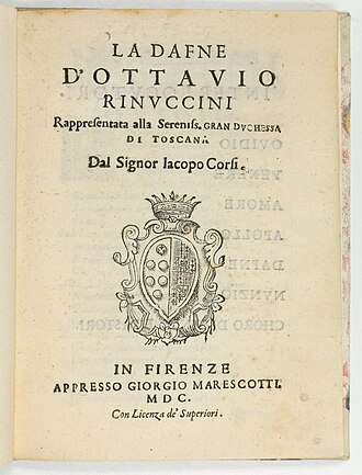 Portada del libreto de la ópera Dafne en su edición de 1600