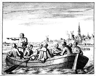 Ilustración histórica que representa a anabaptistas reunidos en secreto en la barca de Peter Piersz.