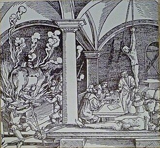 Grabado histórico que muestra diversos procedimientos de tortura medievales.