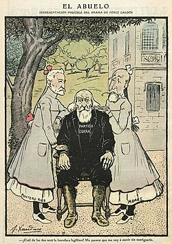 Caricatura de Joaquín Xaudaró representando a Montero Ríos y Segismundo Moret en la revista Gedeón.