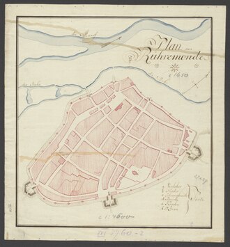 Mapa histórico de la ciudad de Roermond publicado en el siglo XVII.
