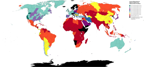 Salario mínimo por horas en distintos países medido en dólares estadounidenses