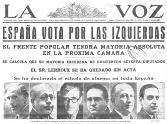 Portada del diario La Voz anunciando la victoria electoral del Frente Popular en 1936