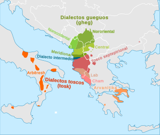 Mapa de las variedades dialectales del albanés