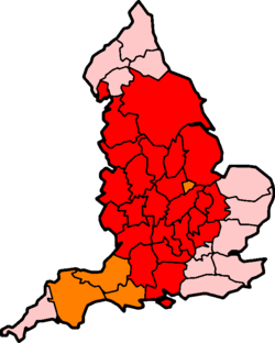 Mapa histórico de los shires tradicionales de Inglaterra en color rojo